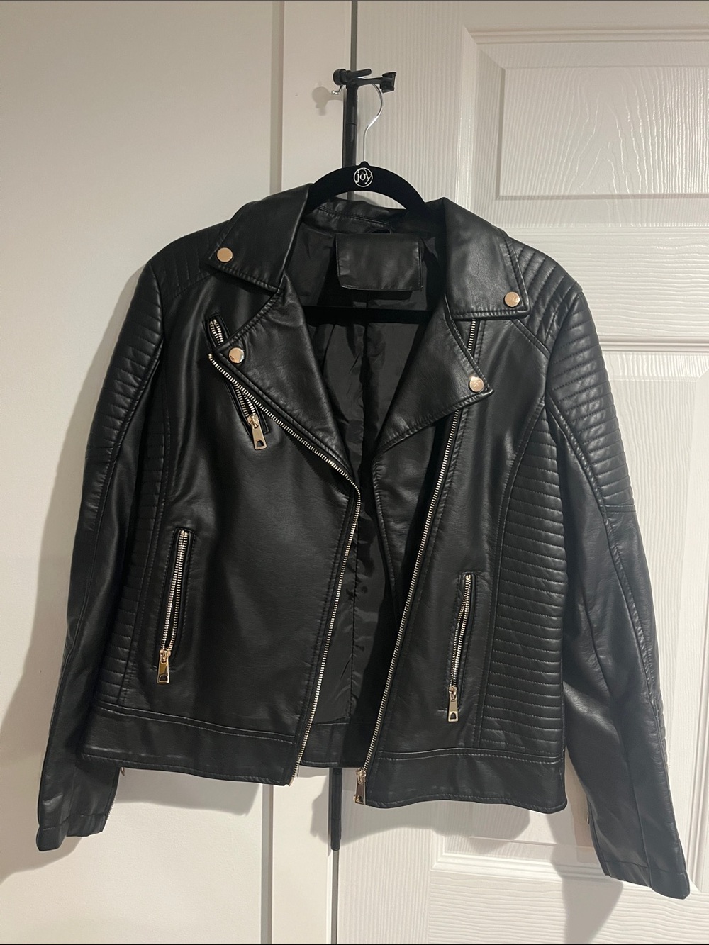 Black Quilted Faux Leather Moto Jacket - Women